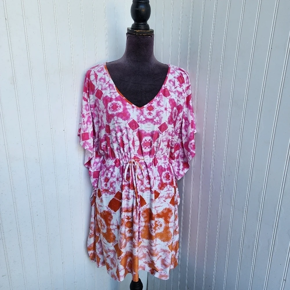 Linea Donatella Womens Swim Cover Up Dress Pink Orange Floral Drawstring Sz M